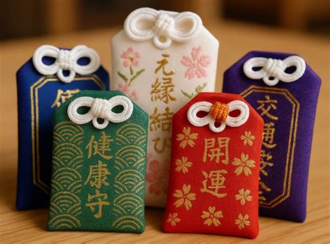 Vari tipi di Omamori giapponesi, ognuno con un diverso significato e colore